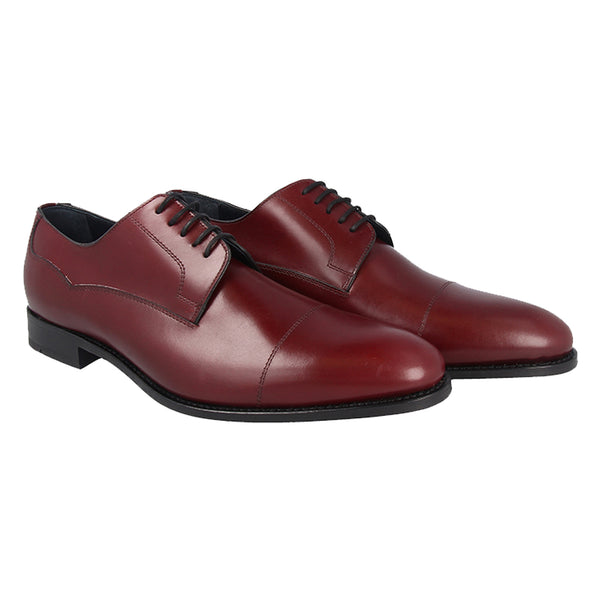 Deep bordeaux full-grain Italian leather derby shoes, Goodyear welted with a soft round toe and smooth polished finish.