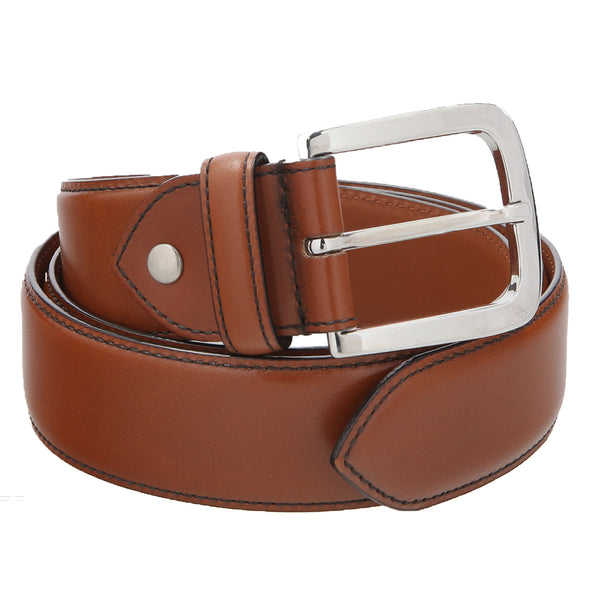 Chestnut brown leather belt with contrast black trim and stainless steel buckle, handmade in Spain for premium style and durability.