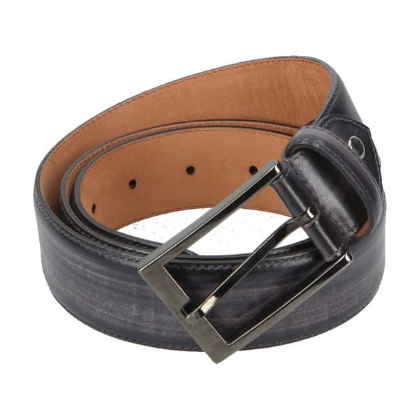 Handmade men's belt in grey patina full-grain calf leather from Tanneries d'Annonay, with sleek stainless steel buckle made in Spain.