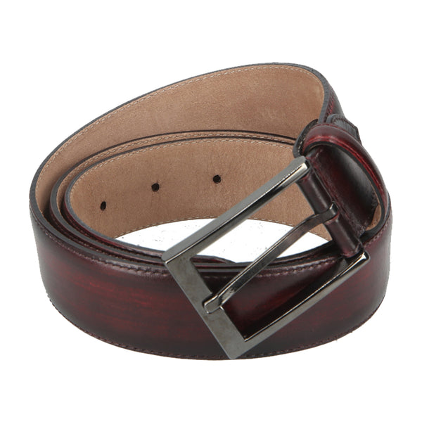 Hand-painted bordeaux patina leather belt with stainless steel buckle, handcrafted in Spain for a refined and stylish finish.