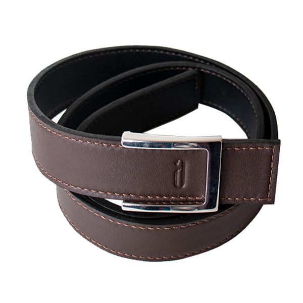 Reversible leather belt in black and brown with contrast stitching and sleek silver buckle, designed for versatile two-way styling