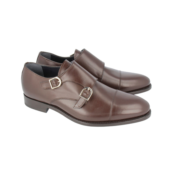 Chocolate brown double monk strap shoes in full-grain Italian leather with cap toe design, Goodyear welted and handcrafted in Portugal.