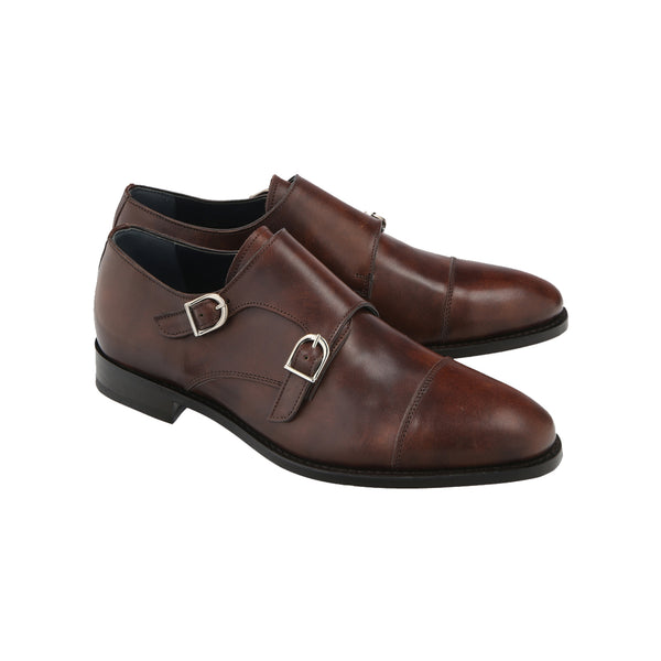 MC Chelmer double monkstrap shoes in rich brown leather with cap toe design and Goodyear welted construction, handcrafted in Portugal.