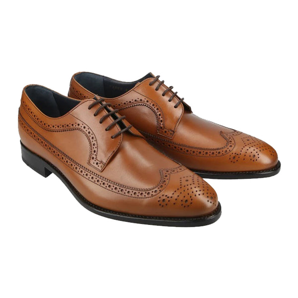 Tan derby shoes with wingtip brogue detailing in full-grain leather, Goodyear welted and handcrafted in Portugal with signature blue soles.