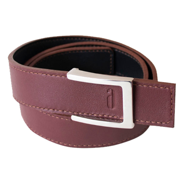 Reversible black and bordeaux leather belt with solid brass silver buckle, handmade in Singapore from full-grain calf leather.