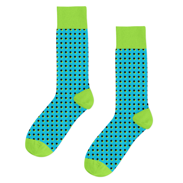 Blue and green polka dot socks made from 100% combed cotton, designed for all-day comfort and style.