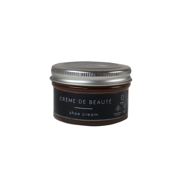 Famaco dark brown shoe cream with natural beeswax, nourishes and shines leather. Ideal for Jonathan Abel chocolate/ dark brown leather shoes. Made in France.