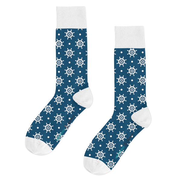 Blue and white socks with nautical wheel pattern, crafted from 100% combed cotton for breathable, all-day comfort. Fits EU sizes 39–46.