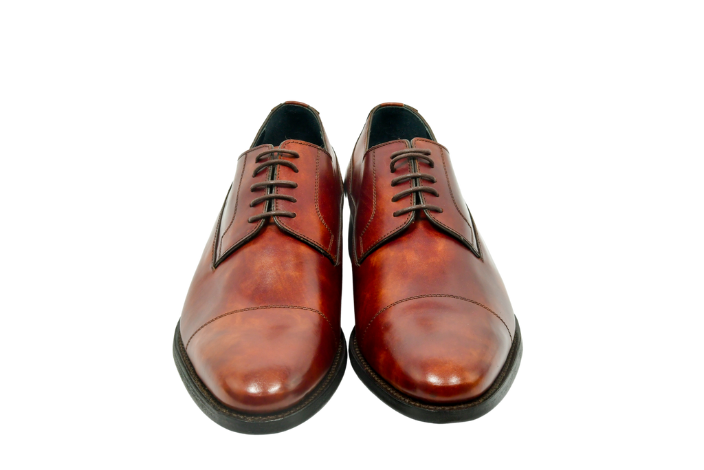 Rich bracklen brown derby shoes in premium Museum Calf Weinheimer leather, Goodyear welted with a classic cap-toe and polished finish.