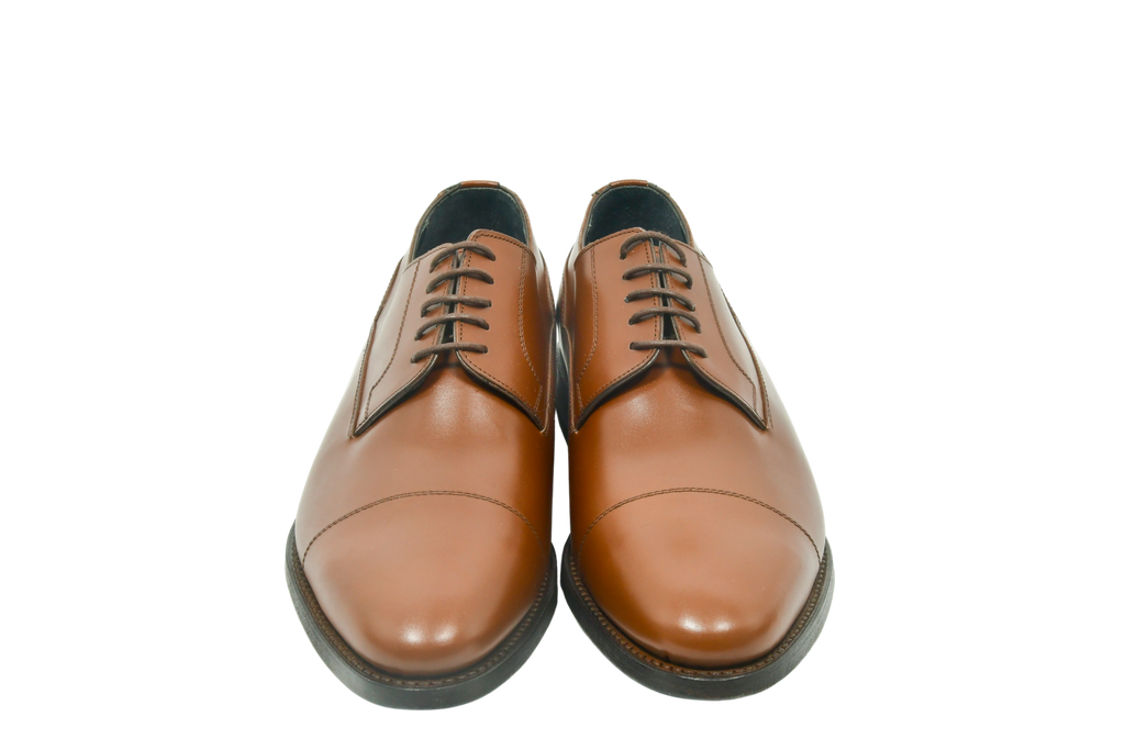 Astor in Chestnut brown Weinheimer leather derby shoes with classic cap-toe design, Goodyear welted and handcrafted for refined style.
