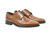 Chestnut brown Weinheimer leather derby shoes with classic cap-toe design, Goodyear welted and handcrafted for refined style.