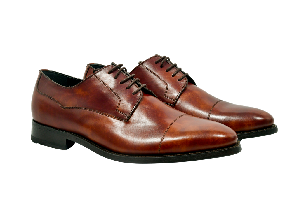 Rich bracklen brown derby shoes in premium Museum Calf Weinheimer leather, Goodyear welted with a classic cap-toe and polished finish.