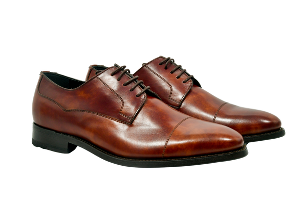 Rich bracklen brown derby shoes in premium Museum Calf Weinheimer leather, Goodyear welted with a classic cap-toe and polished finish.