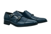 Navy blue full-grain Italian leather monk strap shoes with silver buckles and Goodyear welt, handcrafted in Portugal for refined comfort.