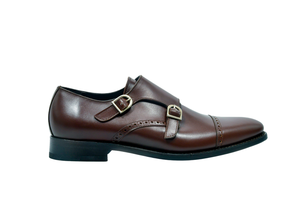 Boston in Walnut brown monk strap shoes in full-grain Italian leather with silver buckles and Goodyear welt, handcrafted in Portugal for timeless style