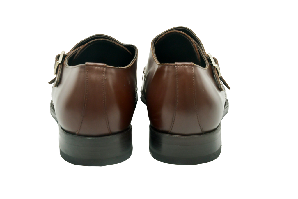 Boston in Walnut brown monk strap shoes in full-grain Italian leather with silver buckles and Goodyear welt, handcrafted in Portugal for timeless style