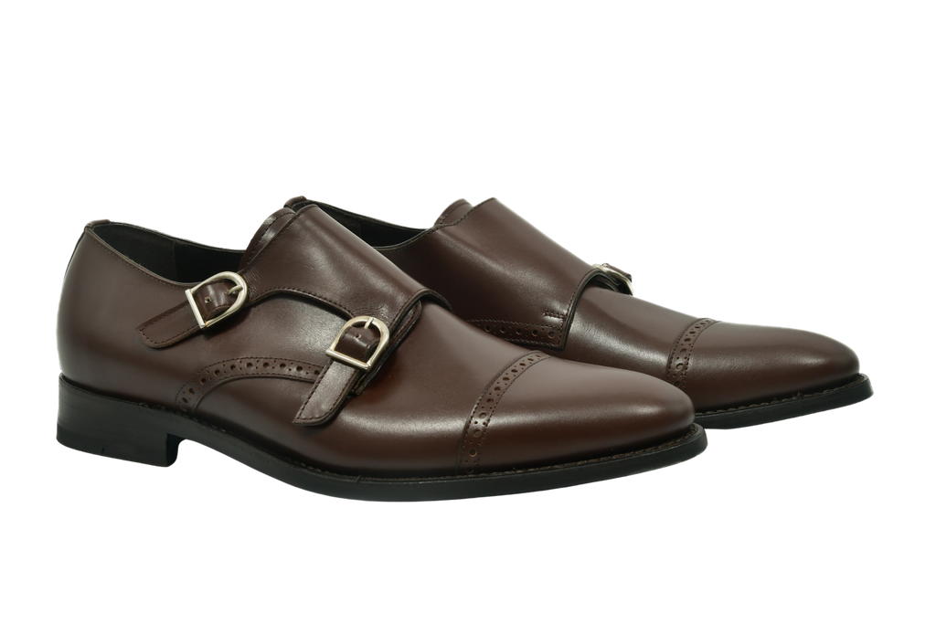 Walnut brown monk strap shoes in full-grain Italian leather with silver buckles and Goodyear welt, handcrafted in Portugal for timeless style