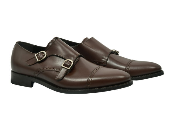 Walnut brown monk strap shoes in full-grain Italian leather with silver buckles and Goodyear welt, handcrafted in Portugal for timeless style