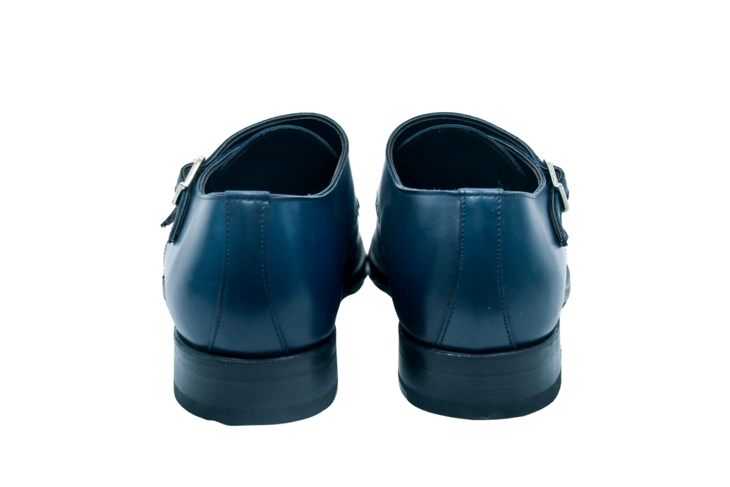 Boston in Navy blue full-grain Italian leather monk strap shoes with silver buckles and Goodyear welt, handcrafted in Portugal for refined comfort.
