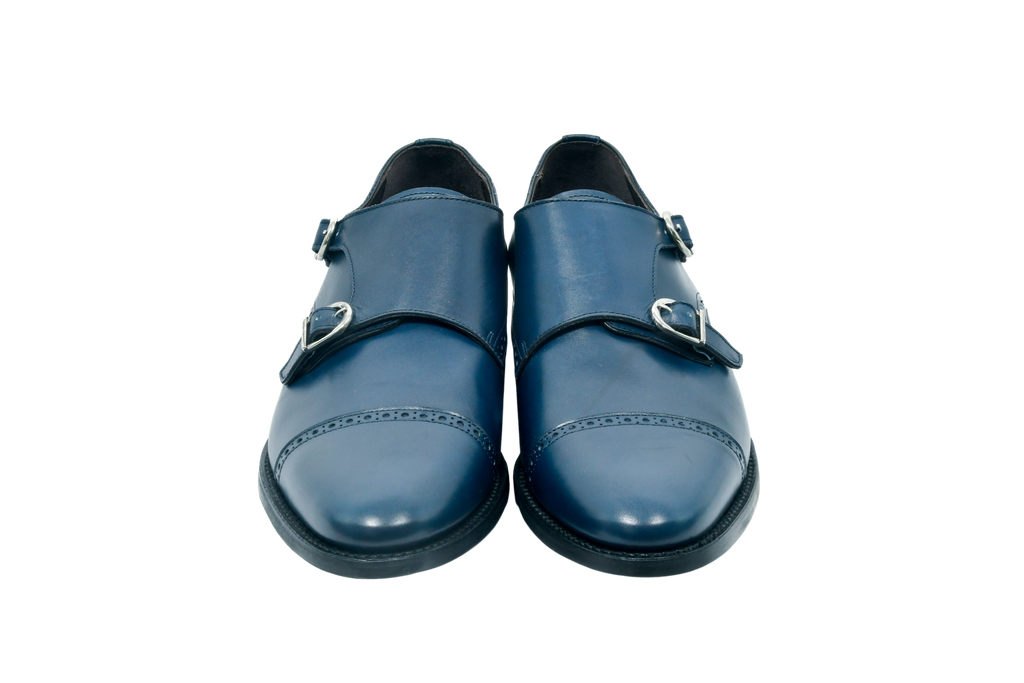 Boston in Navy blue full-grain Italian leather monk strap shoes with silver buckles and Goodyear welt, handcrafted in Portugal for refined comfort.