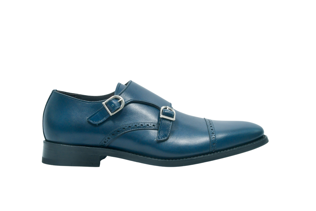 Boston in Navy blue full-grain Italian leather monk strap shoes with silver buckles and Goodyear welt, handcrafted in Portugal for refined comfort.