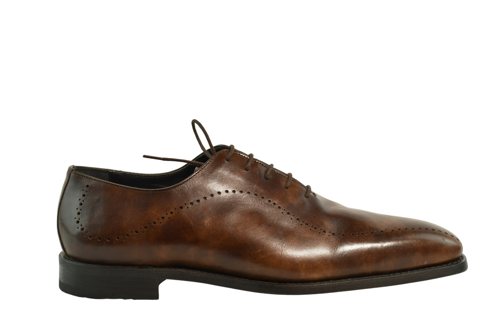 MC Chelmer brown Oxford shoes with brogue detailing in Museum Calf leather, Goodyear welted and handcrafted in Portugal on a chisel last.