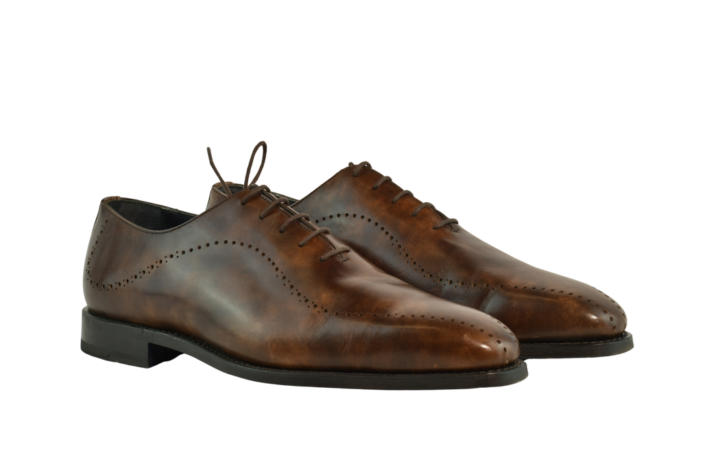MC Chelmer brown Oxford shoes with brogue detailing in Museum Calf leather, Goodyear welted and handcrafted in Portugal on a chisel last.