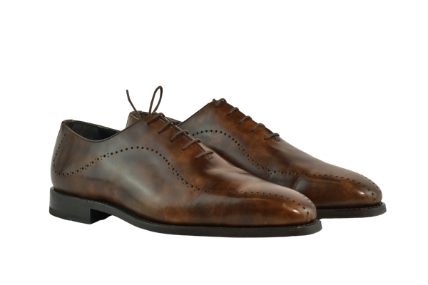 MC Chelmer brown Oxford shoes with brogue detailing in Museum Calf leather, Goodyear welted and handcrafted in Portugal on a chisel last.